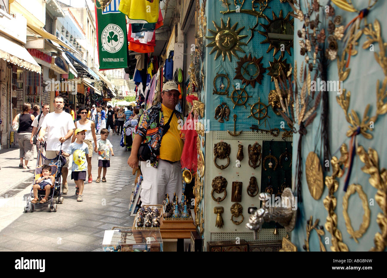 Tourists shop at the Monastiraki Flea market in the Plaka Athens Greece