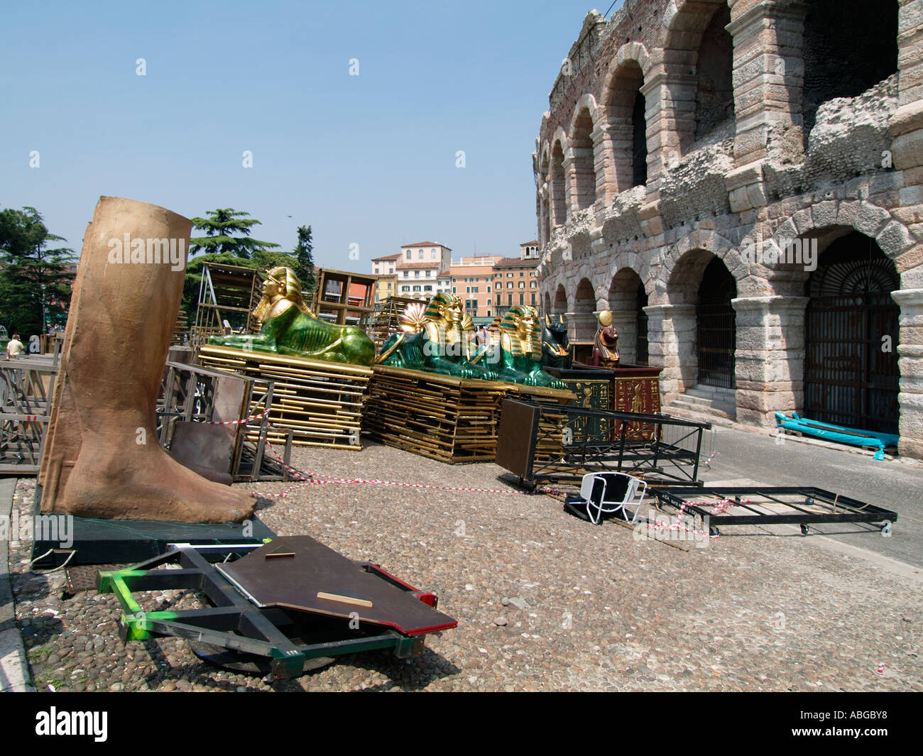 Aida decor parts in front of the famous Roman arena amphitheatre in