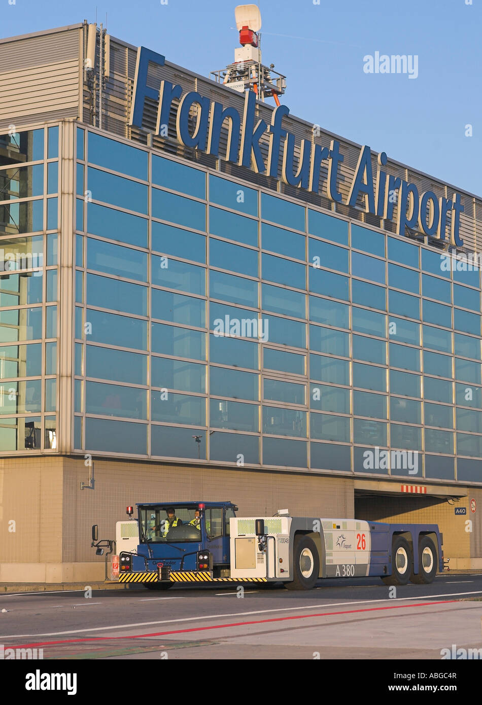 Goldhofer aeroplane tractor AST-1 X on the airfield, Airport Frankfurt, Germany Stock Photo