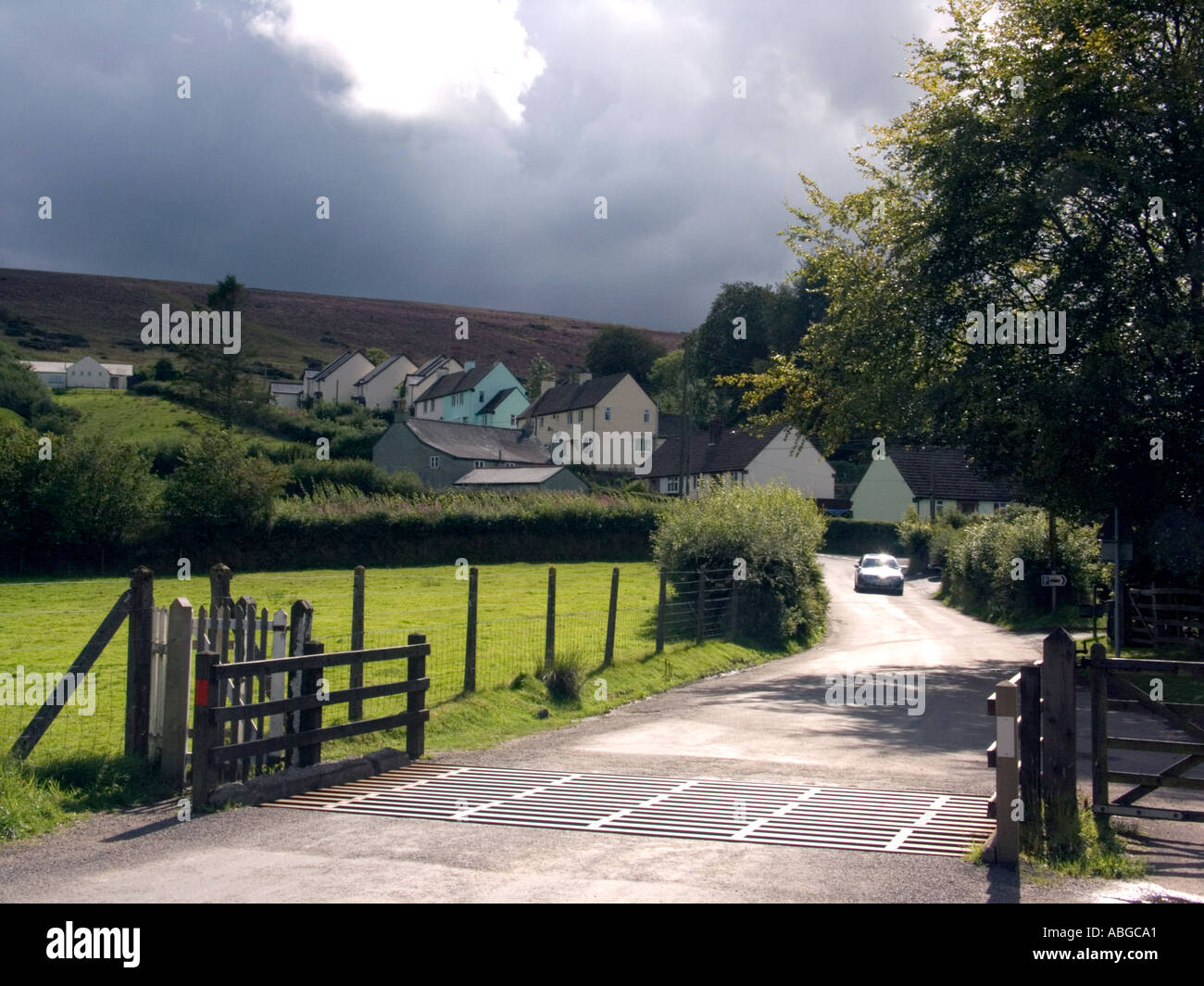 English Village road with cattle grid, Withypool, Exmoor National Park