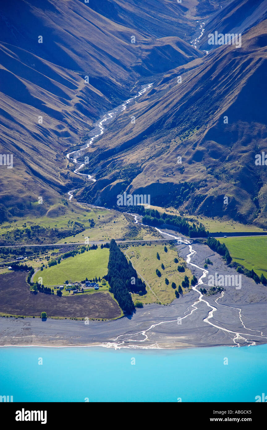 Lake Pukaki and Whale Stream Ben Ohau Range Mackenzie Country South ...