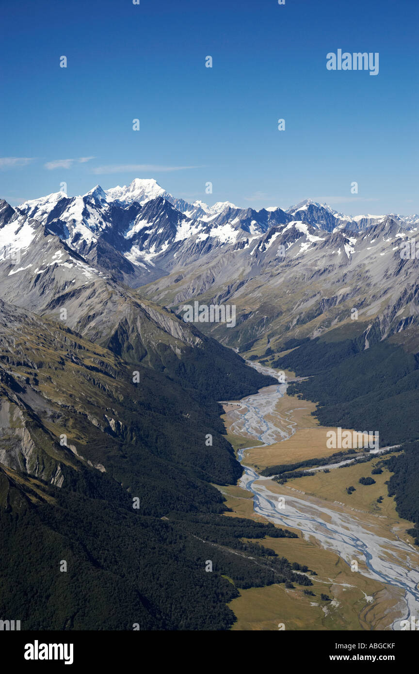 Hopkins River and Aoraki Mt Cook South Island New Zealand aerial Stock ...