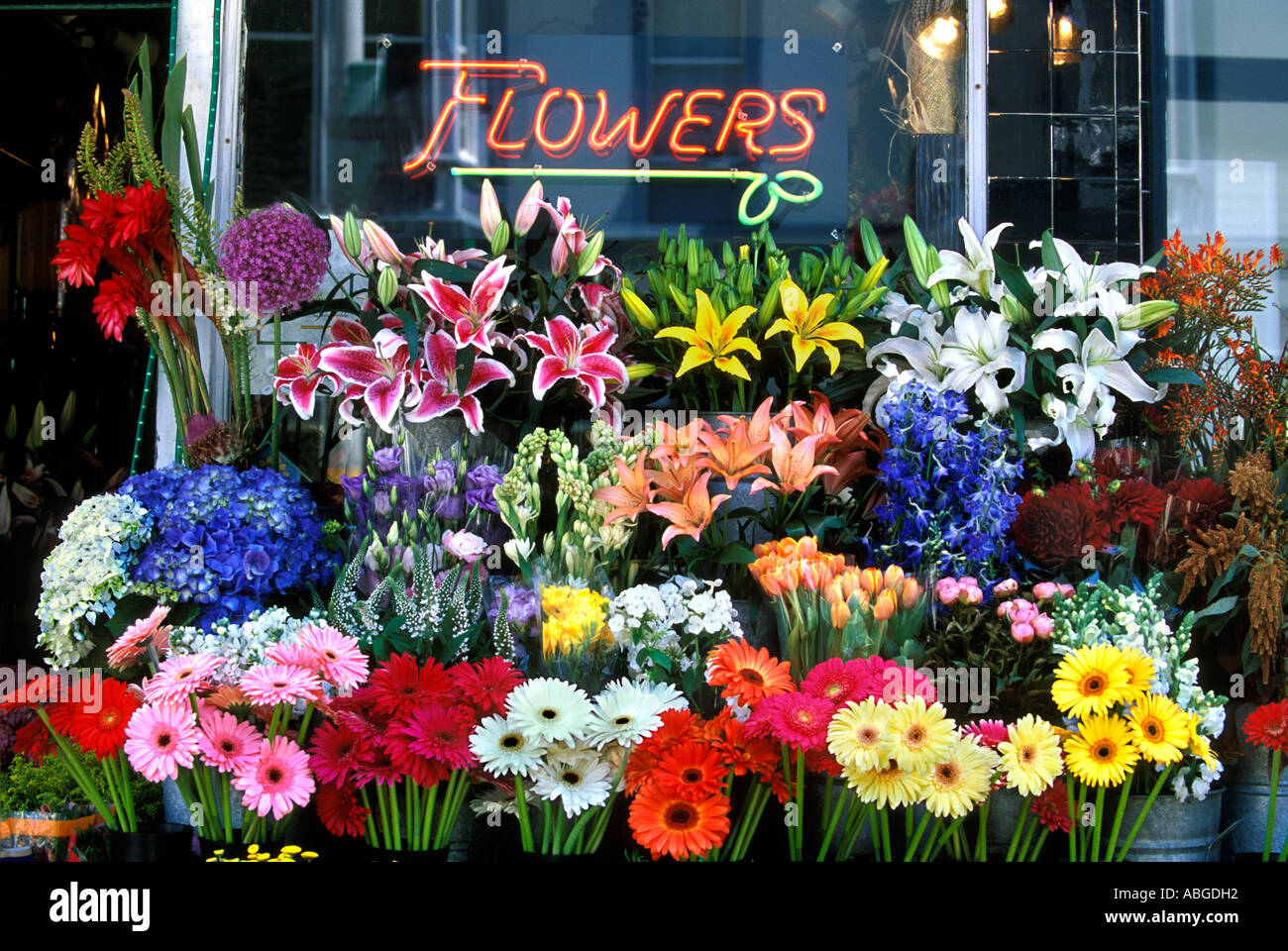Large group of assorted cut flowers in front of flower shop San Francisco Californiia USA Stock Photo