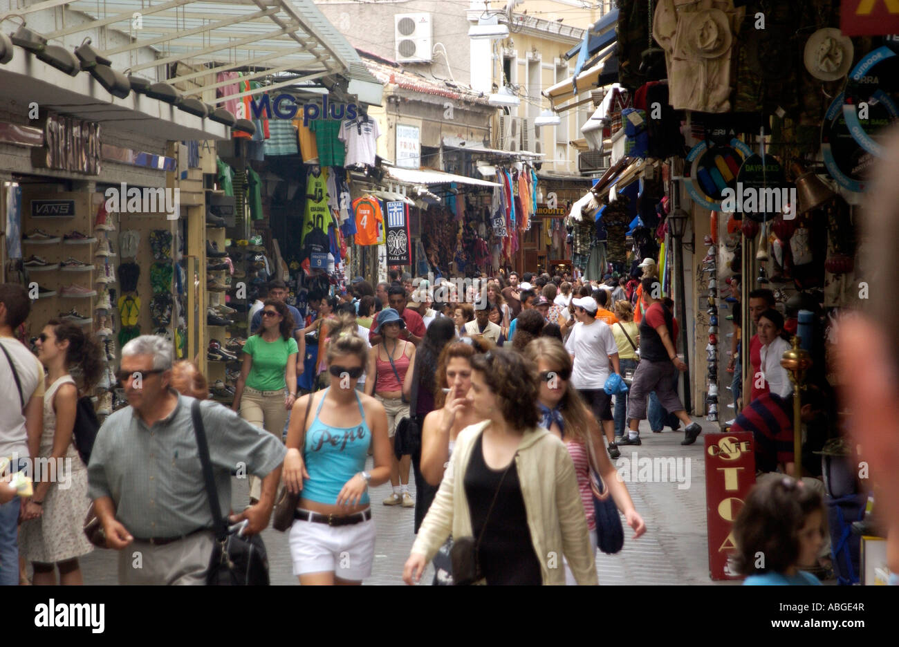 Tourists shop at the Monastiraki Flea market in the Plaka Athens Greece  Stock Photo - Alamy