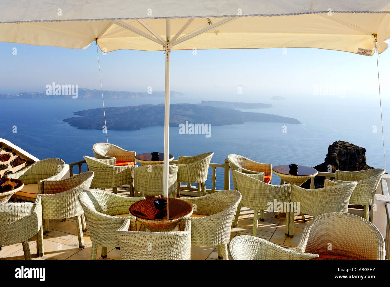View from restaurnant, Imerovigli, Santorin, Aegean Sea, Greece, Europe Stock Photo