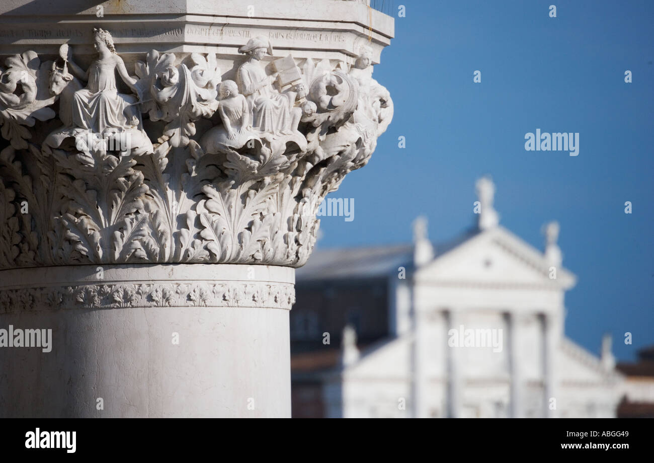 Column of the Doges Palace with Church of Saint Giorgio Maggiore Venice Italy Stock Photo