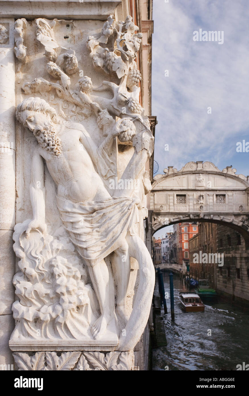 The Bridge of Sighs with sculpture depicting Drunkenness of Noah Doge s Palace Venice Italy Stock Photo