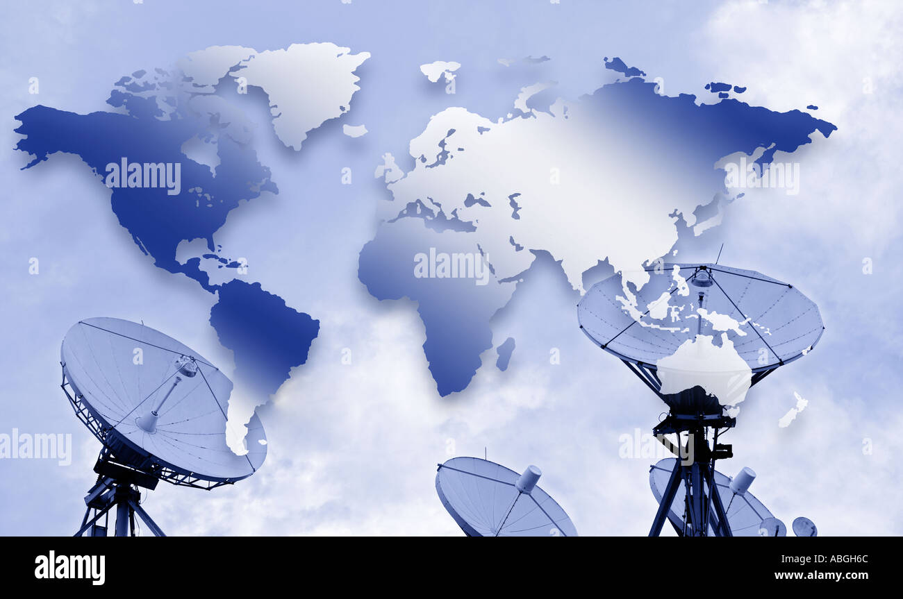 Satellite dishes and world map Stock Photo Alamy