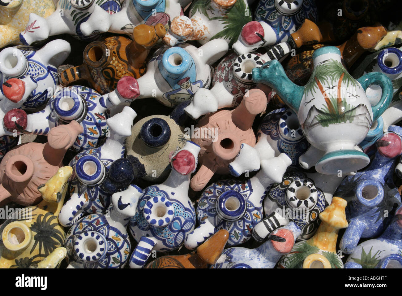Pottery in a Tunisian Market for sale, Djerba Houmt Souk Stock Photo