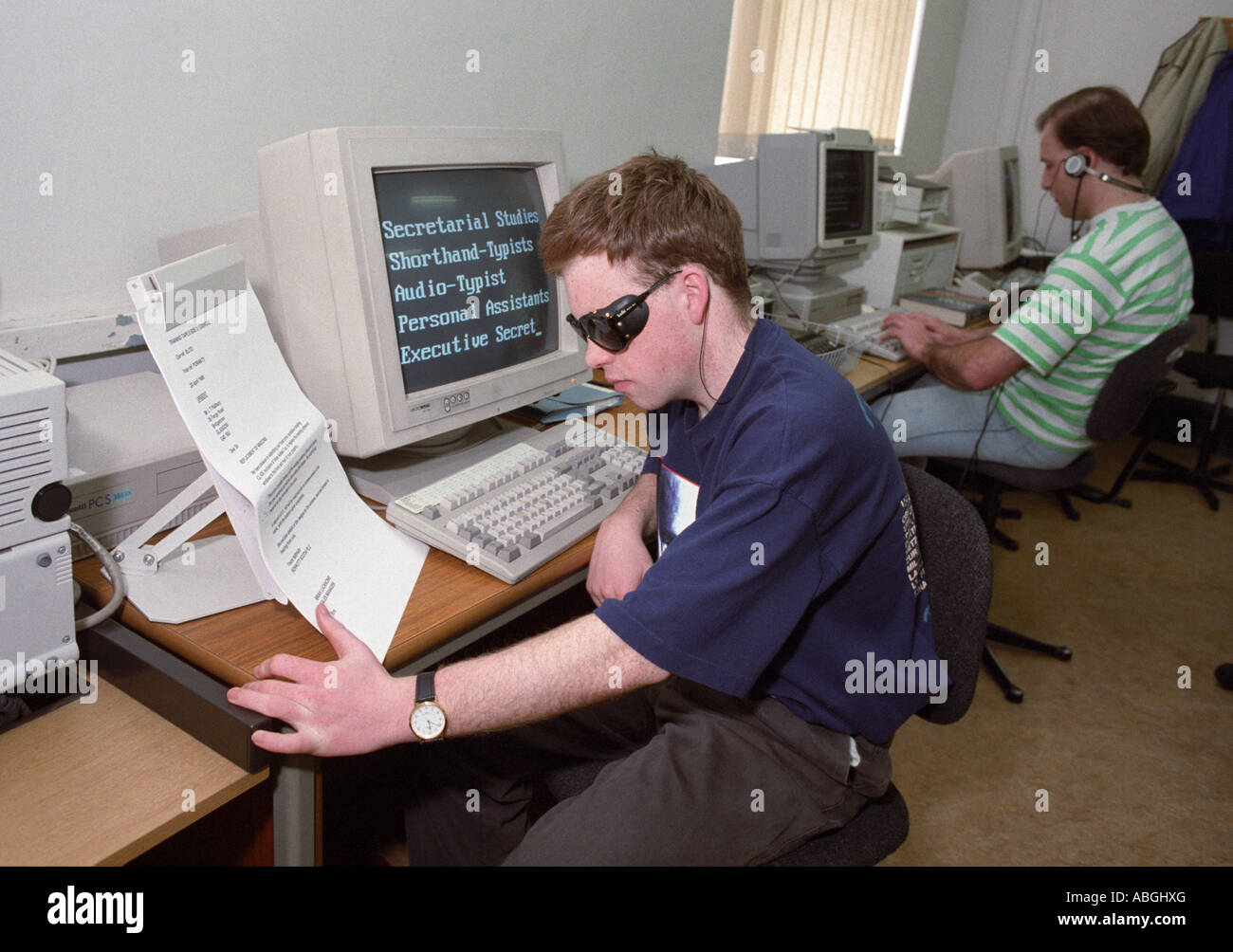 'Visually impaired college student using enlarged type on a computer monitor' Stock Photo