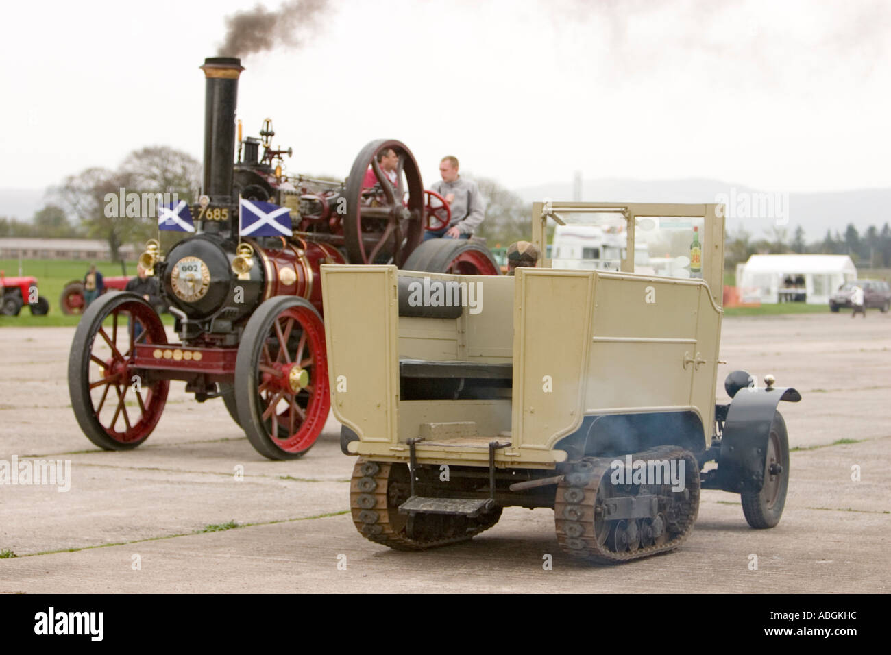 Steam half-track vehicle with 1914 Clayton and Shuttleworth Red Admiral full size steam traction engine Stock Photo