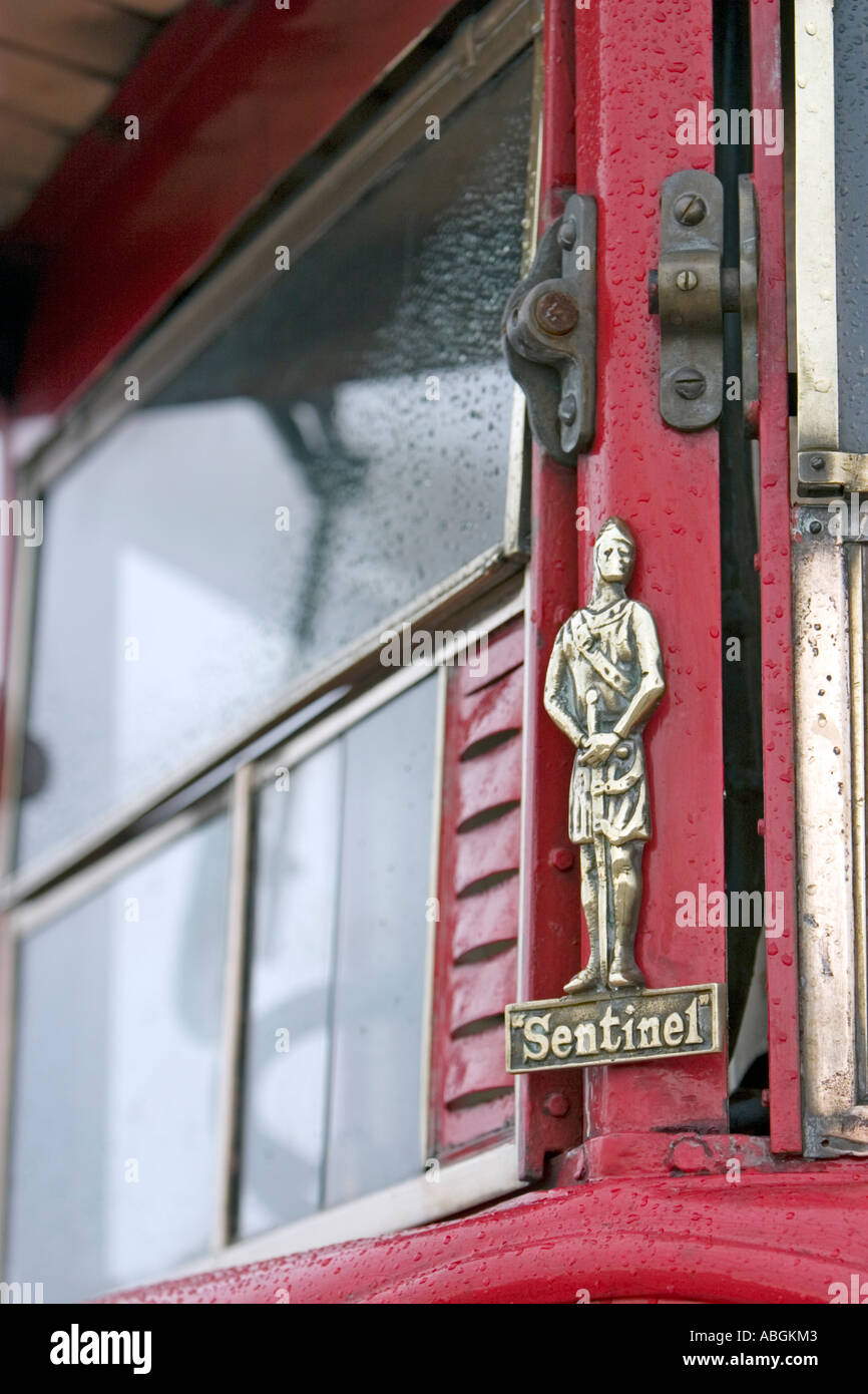 Brass Sentinel marque on 1924 Sentinel Steam Wagon vintage steam powered vehicle Stock Photo