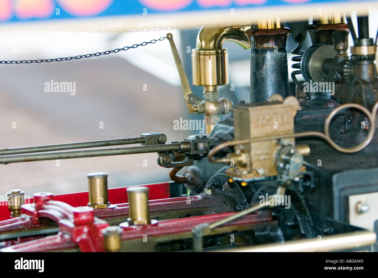 Close up view of valves and levers on miniature vintage steam traction engine Stock Photo