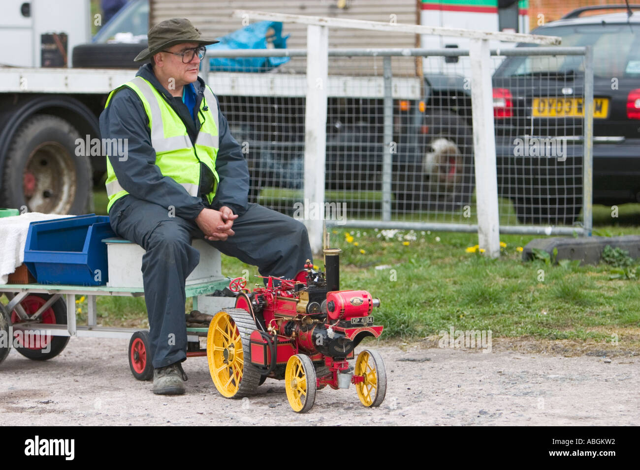 Man with miniature steam traction engine Stock Photo
