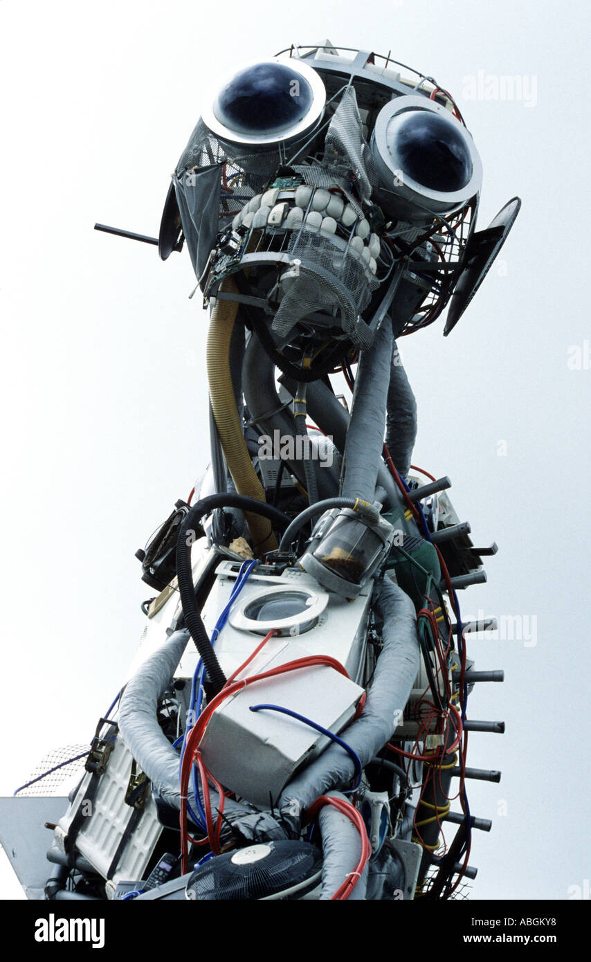 WEEE Man Sculpture designed by Paul Bonomini is a huge robotic sculpture made of scrap electrical and electronic equipment. Stock Photo