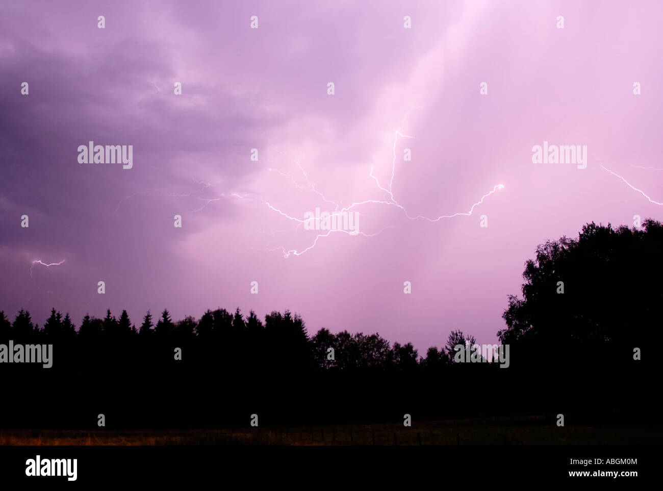 Nightly thunderstorm with lightnings discharging in rain clouds Stock Photo