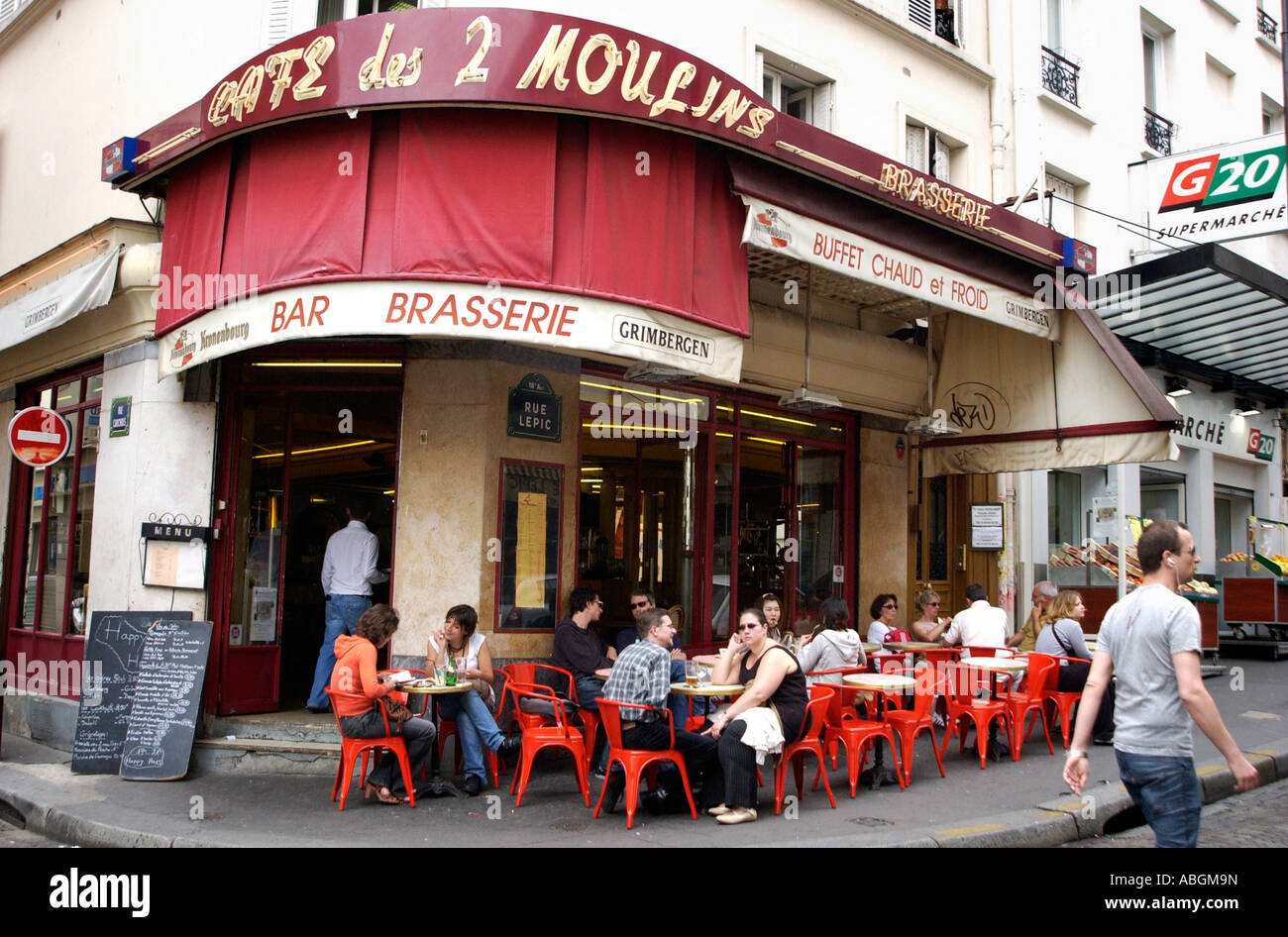 The Two Windmills Cafe Les Deux Moulins is the setting of the film Amelie Montmarte Paris France 2006 Stock Photo