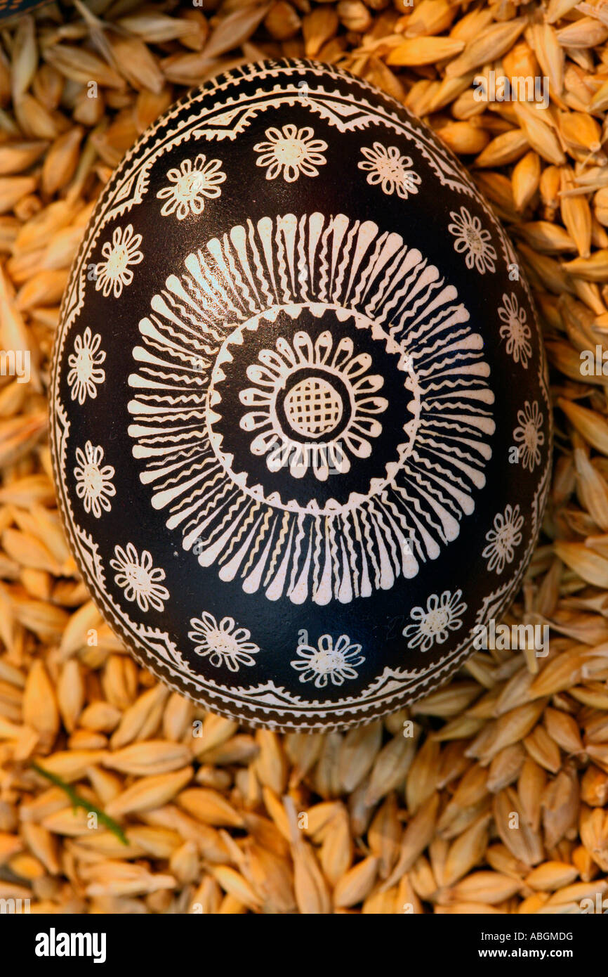 In traditional Hessian batik technique painted and dyed black easter egg Stock Photo