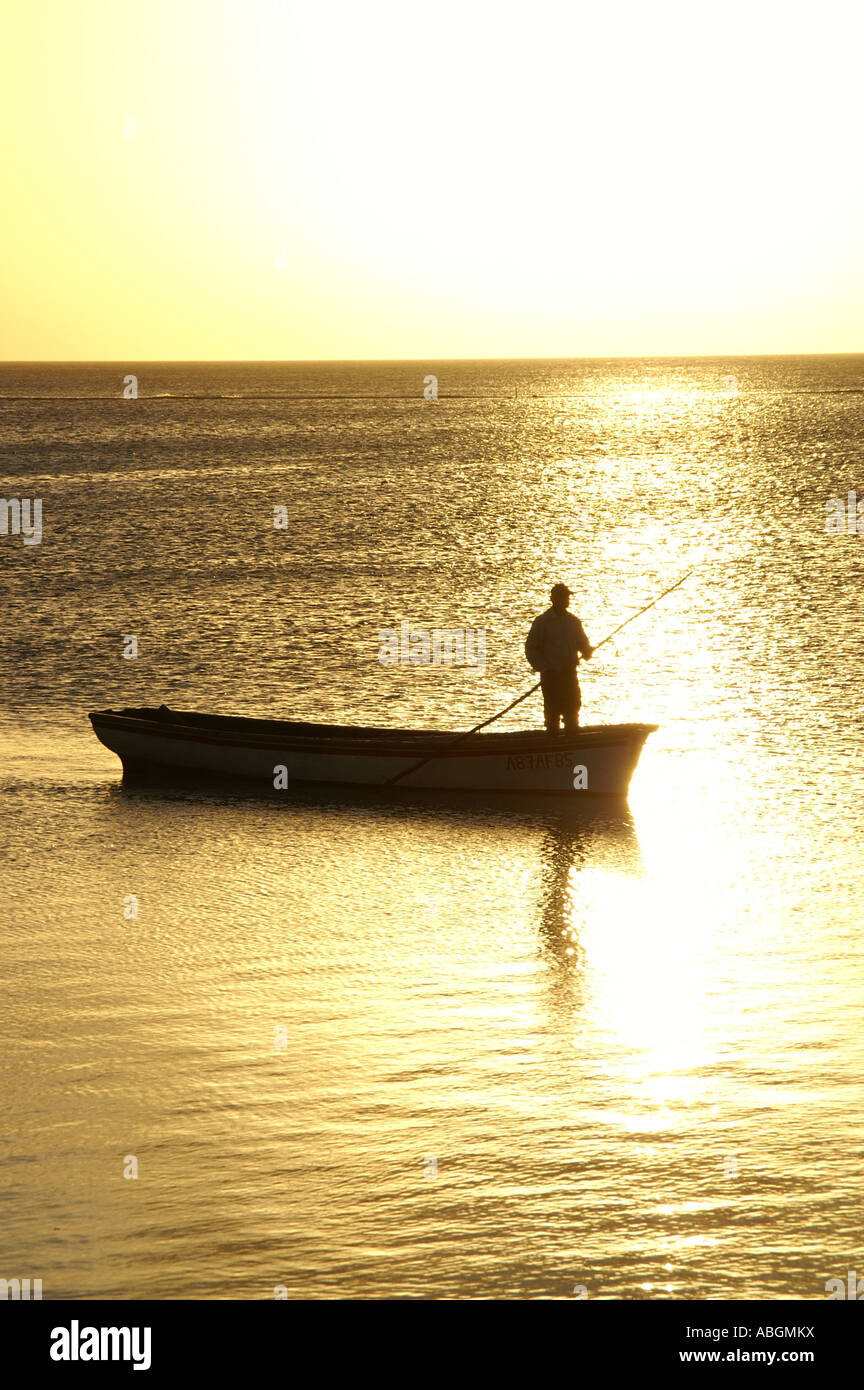 Fisherman, sunset, Mauritius, Mascarene Islands, Indian Ocean Stock Photo