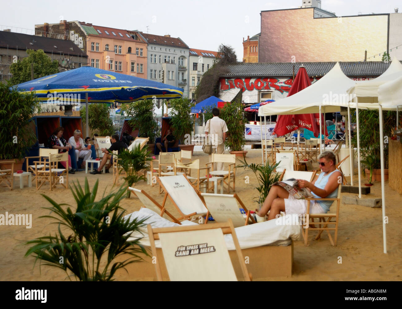Locals and tourists enjoy outdoor beach bars in the city West Berlin  Germany Stock Photo - Alamy