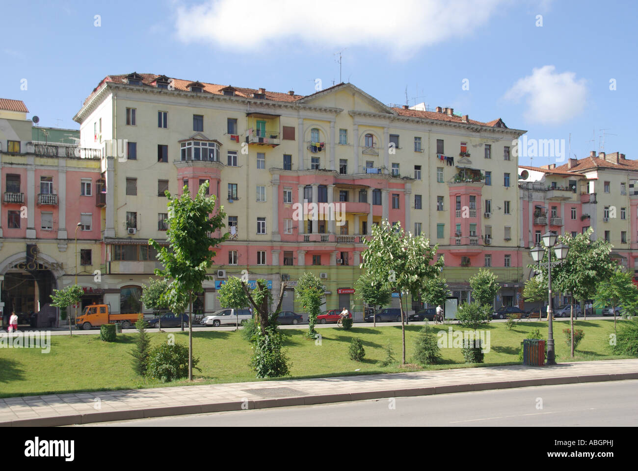 Street scene in centre of Tirana Republic of Albania homes in colourful