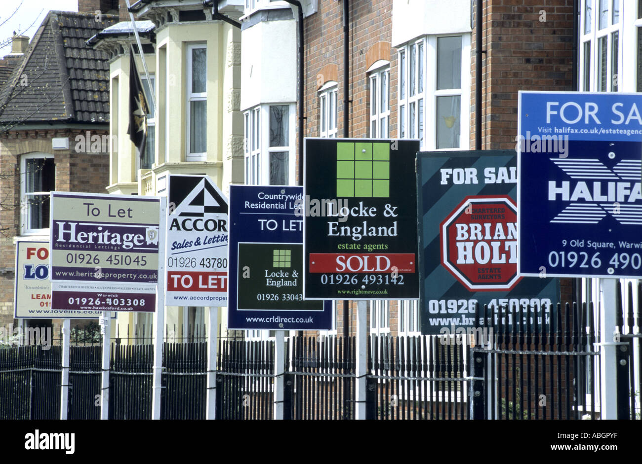 Estate agents boards, Warwick, Warwickshire, England, UK Stock Photo