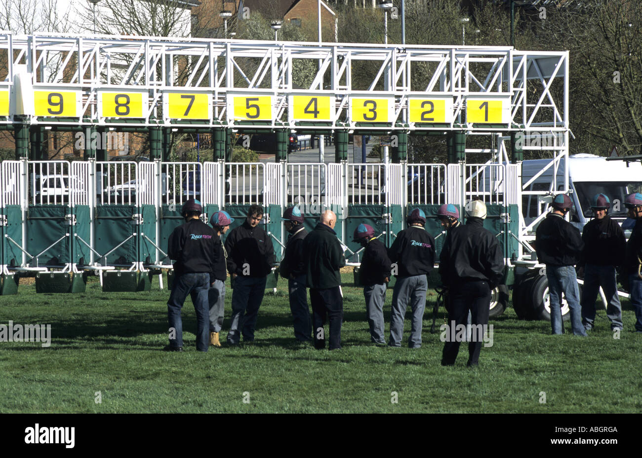 Starting stalls and stalls handlers at Warwick Races, Warwickshire