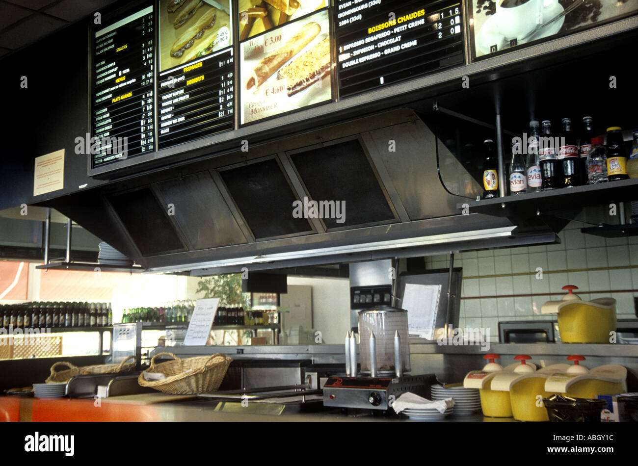 Kitchen of a typical autoroute service station in Champagne region outside Dijon selling hot dogs, boissons chaudes, hot drinks Stock Photo