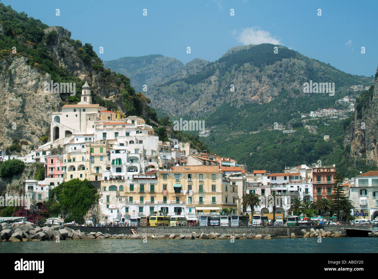 Amalfi town and waterfront with mountains backdrop Stock Photo - Alamy