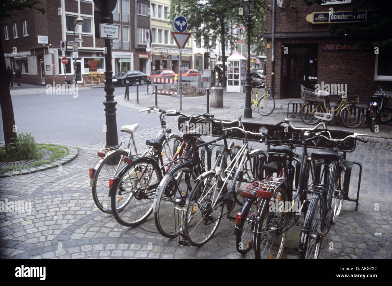 Bicycles parked in altenstadt or old town part of Düsseldorf, Germany Stock Photo