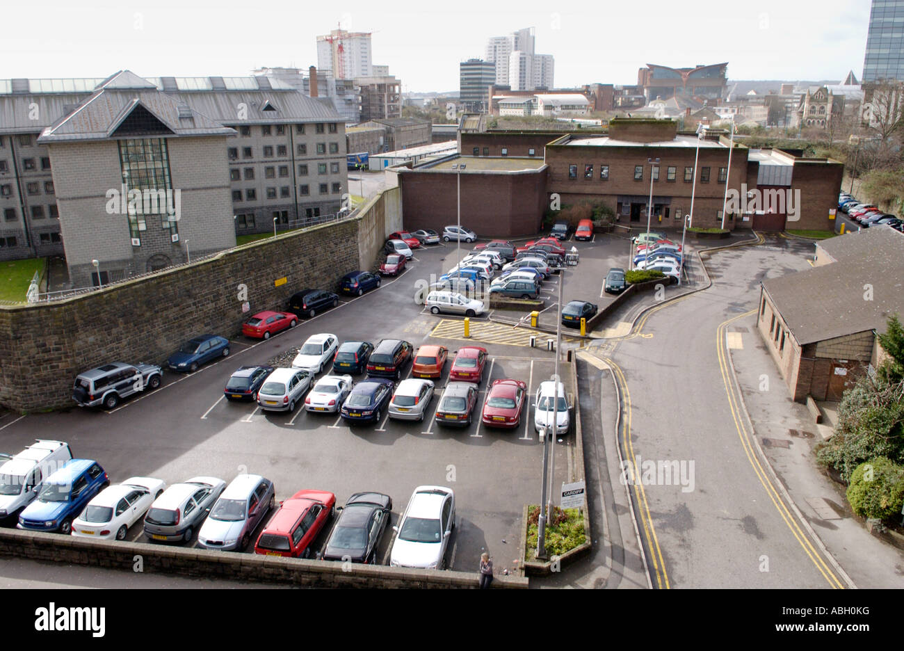 View over walls and car park of Cardiff Prison South Wales UK Stock