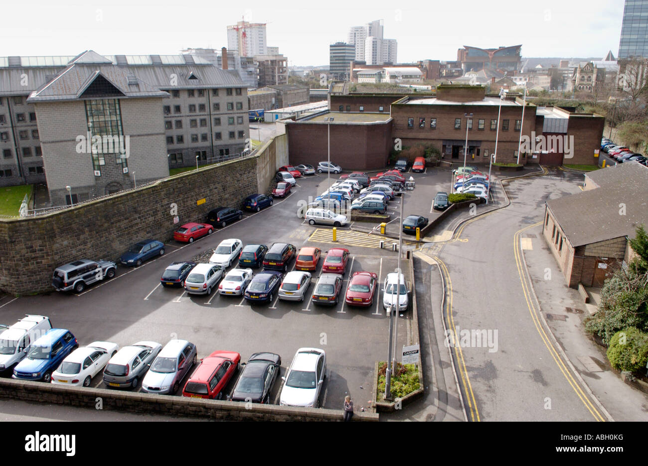 View over walls and car park of Cardiff Prison South Wales UK Stock Photo