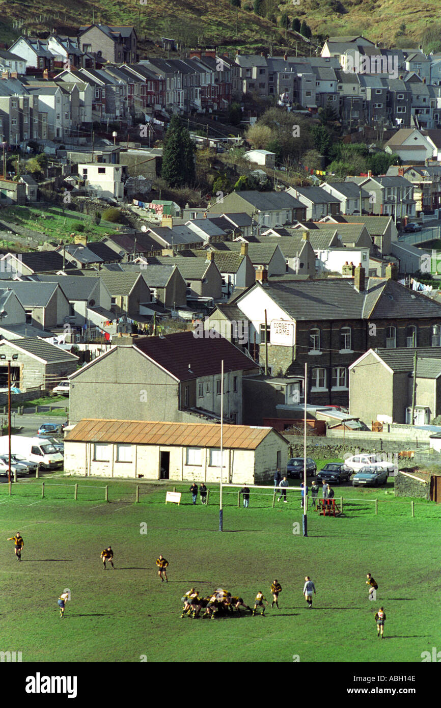 South Wales Valleys rugby match at Ogmore Vale RFC with view over