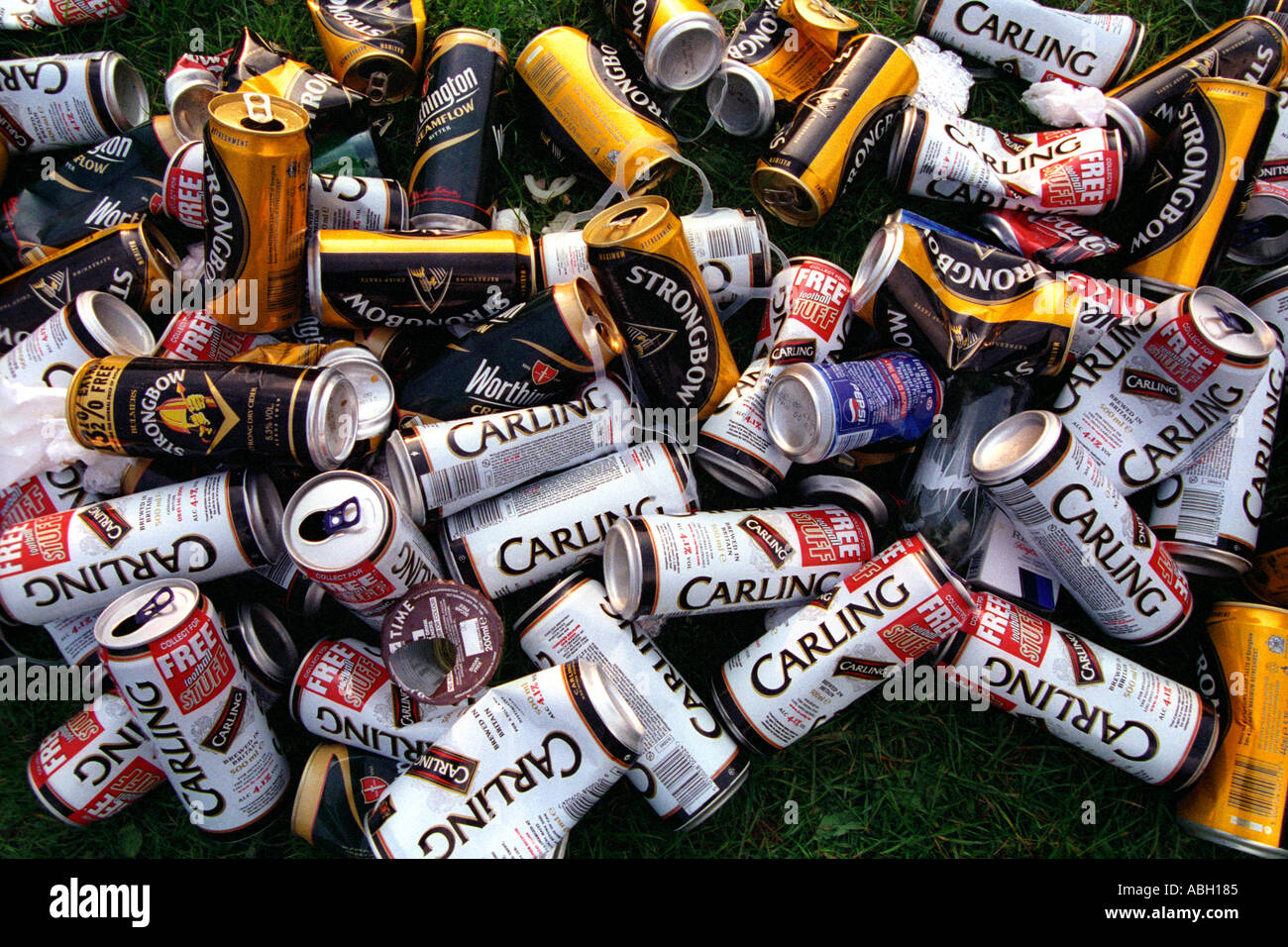 Beer cider and lager cans litter left after rugby match Stock Photo - Alamy