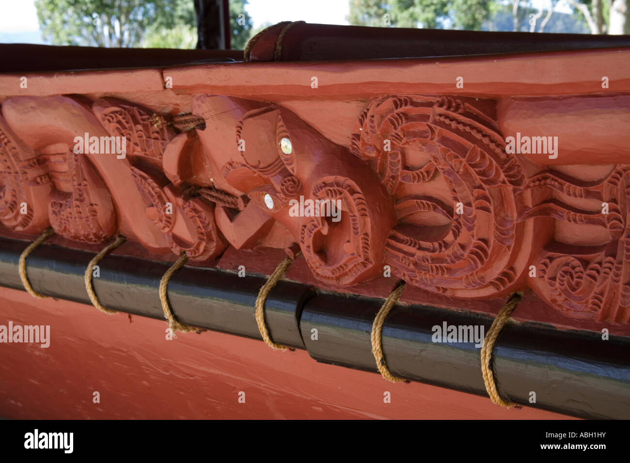 WAITANGI NORTH ISLAND NEW ZEALAND May Close up of some of the carvings on the Maori War canoe Stock Photo