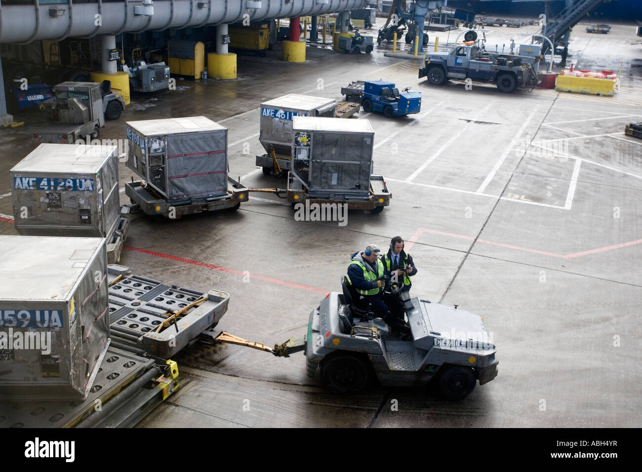Cargo containers loaded onto aircraft O Hare Field airport Chicago Illinois USA Stock Photo
