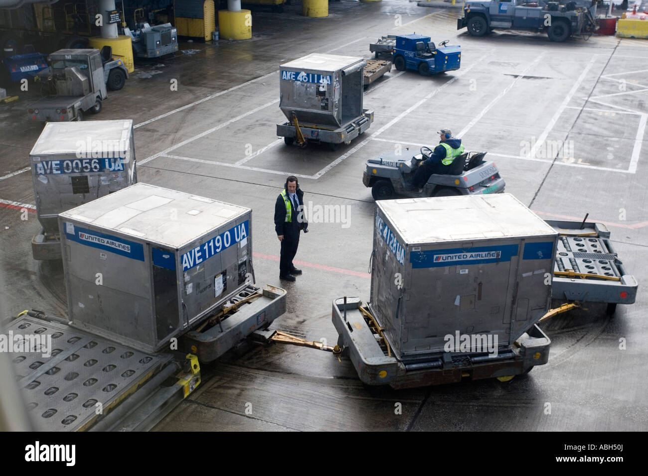 Cargo containers loaded onto aircraft O Hare Field airport Chicago Illinois USA Stock Photo