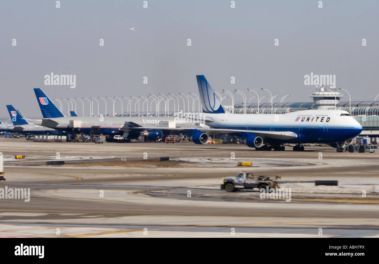 United Airlines Boeing 747 jumbo jet taxis from terminal O Hare Field airport Chicago Illinois USA Stock Photo