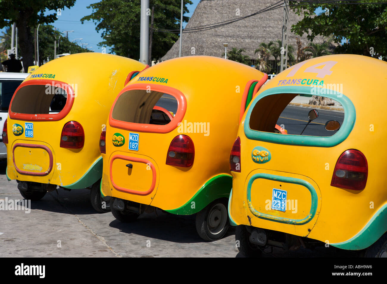 Cocotaxis (a popular form of local transport) in Varadero Town, Varadero, Cuba Stock Photo