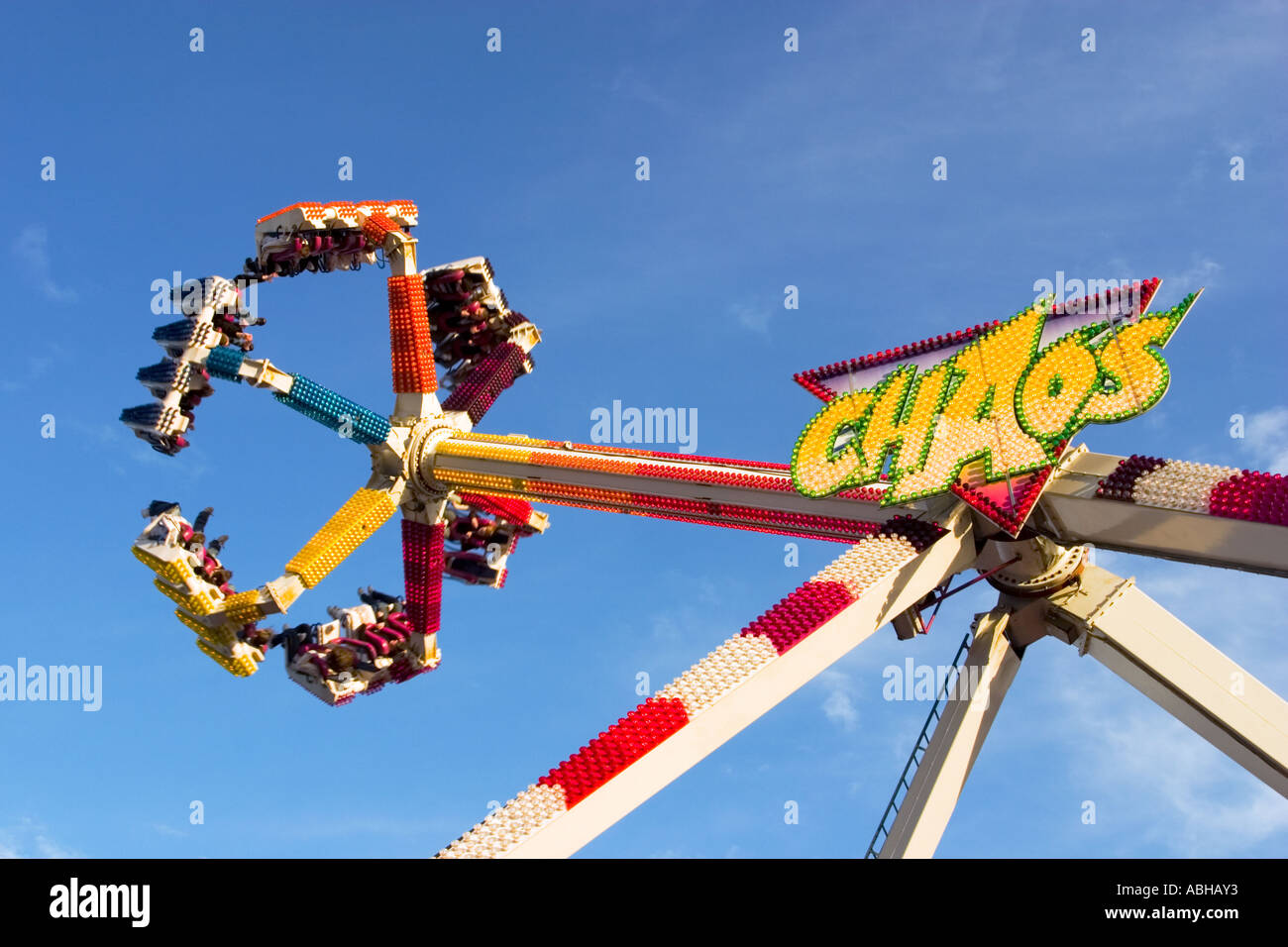 Spinning and flying fairground ride chaos Stock Photo Alamy