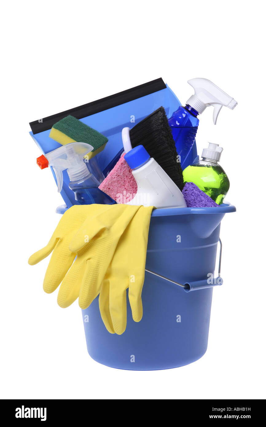 Bucket of cleaning supplies cut out on white background Stock Photo