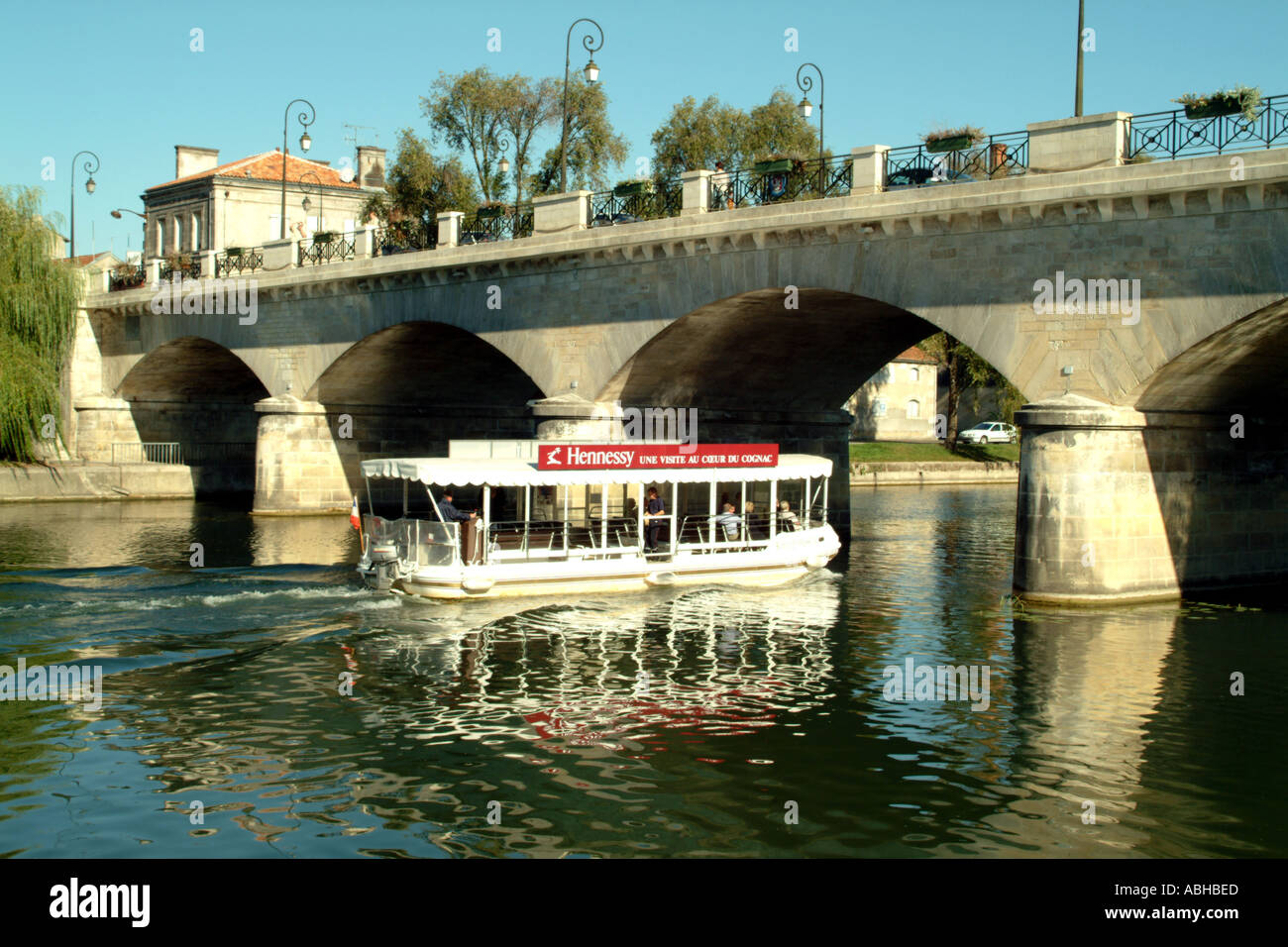 Hennessy Cognac tour boat on the La Charente river France Stock Photo
