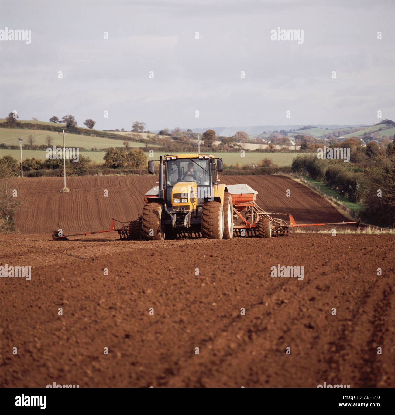 Renault tractor and Accord Ferrag drill planting Winter Cereal crop in autumn in the Otter valley Devon Stock Photo