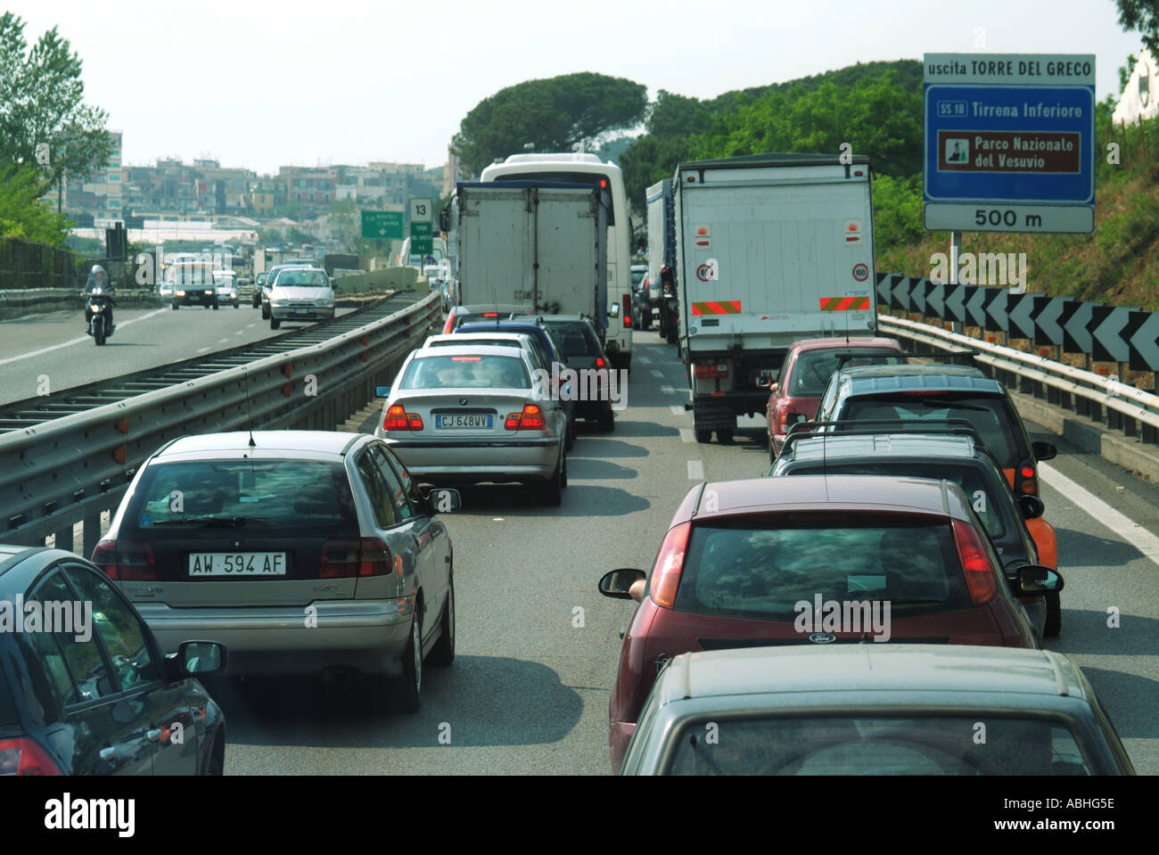 Motorists stuck in grid lock traffic jam on Italian toll road heading towards Naples Stock Photo
