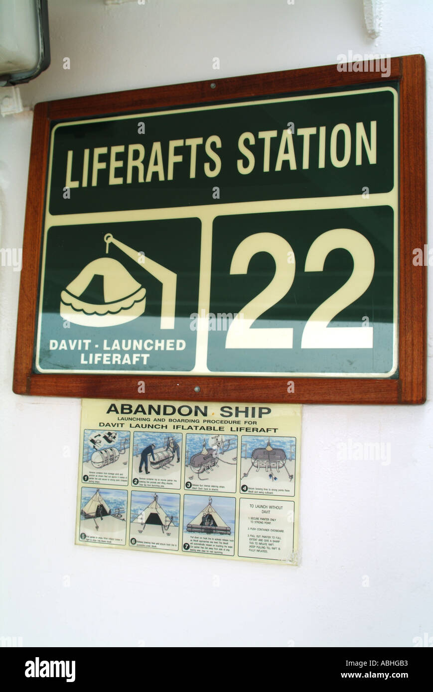 Safety sign on passenger decks cruise ship showing location of Liferaft station for use in an emergency Stock Photo