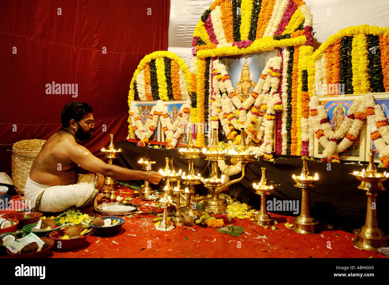 HMA78856 Indian priest praying in temple of Lord Ayyappa Kerala ...