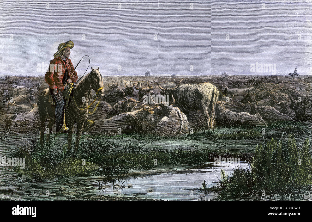 Cowboys guarding the herd at night during a Texas to Kansas cattle drive 1800s. Hand-colored woodcut Stock Photo