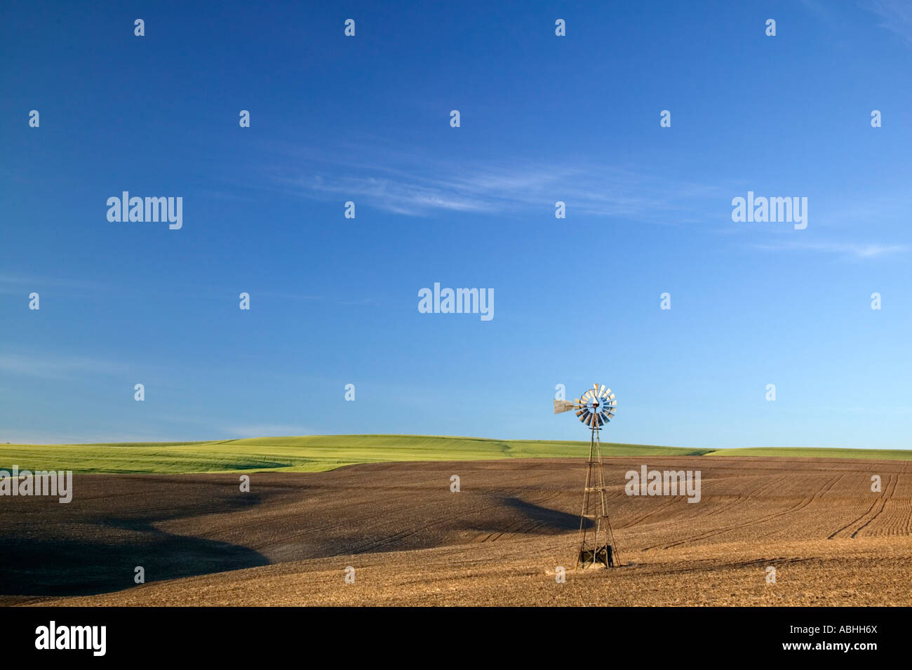 Windmill in agricultural fallow field, Oregon Stock Photo