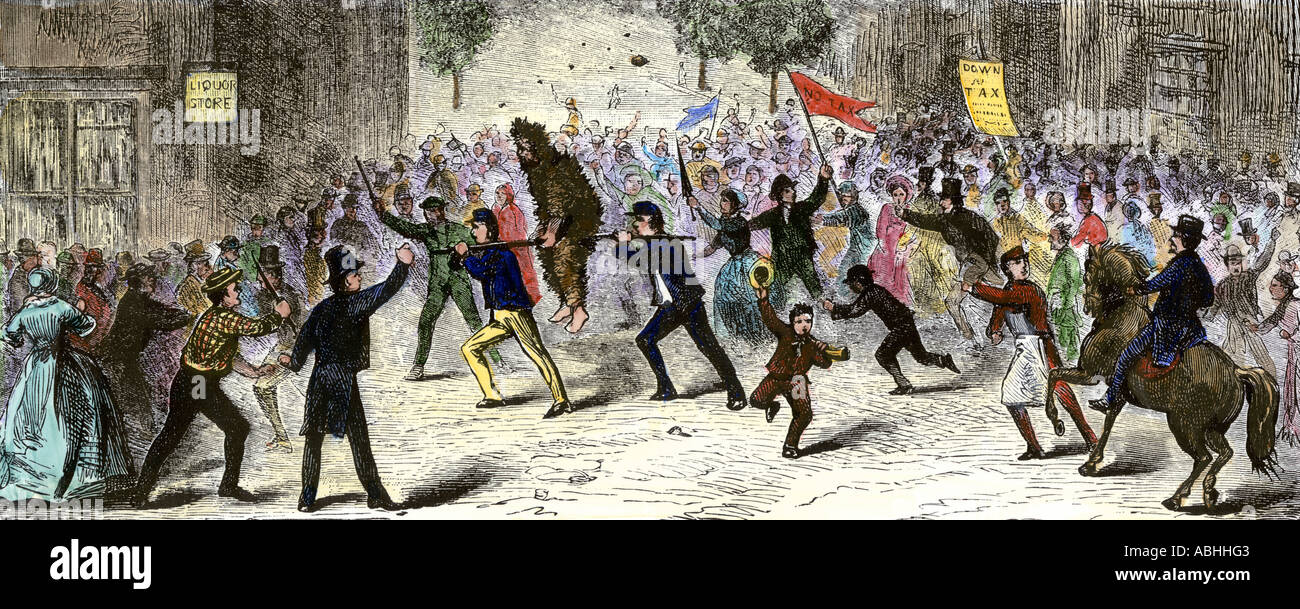 Protestors tar and feather a tax collector during the Whiskey Rebellion in Pennsylvania 1790s. Hand-colored woodcut Stock Photo