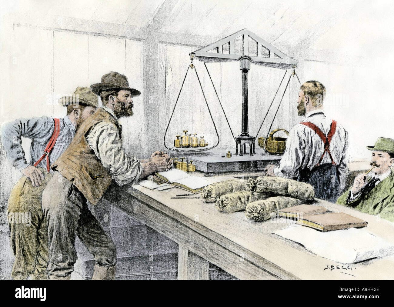 Klondyke Gold Rush miners weighing their gold in a Dawson City bank 1898. Hand-colored halftone of an illustration Stock Photo